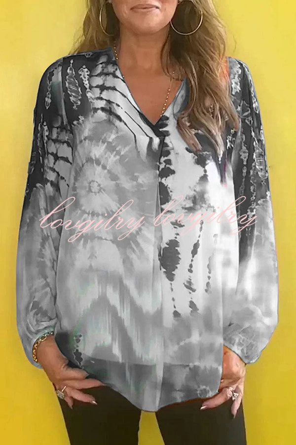 Fashionable Gradient Tie-dye V-neck Long Sleeve Shirt