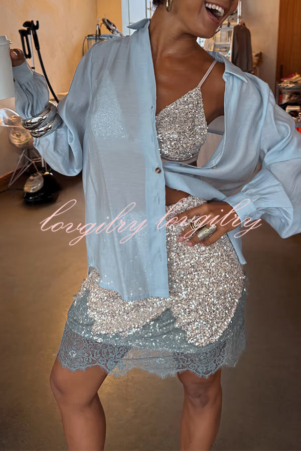 Power of Styling Sequin Lace Trim Elastic Waist Mini Skirt
