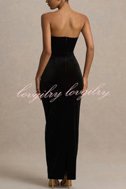 Illusion Velvet Bandeau neck Bow detail Stretch Maxi Dress