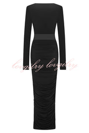 Sexy See-through Long-sleeved V-neck Pleated Slim-fit Maxi Dress