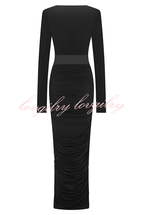 Sexy See-through Long-sleeved V-neck Pleated Slim-fit Maxi Dress