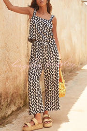 Printed Wide Straps Square Neck Tank and Pockets Elastic Waist Wide Leg Trousers Set