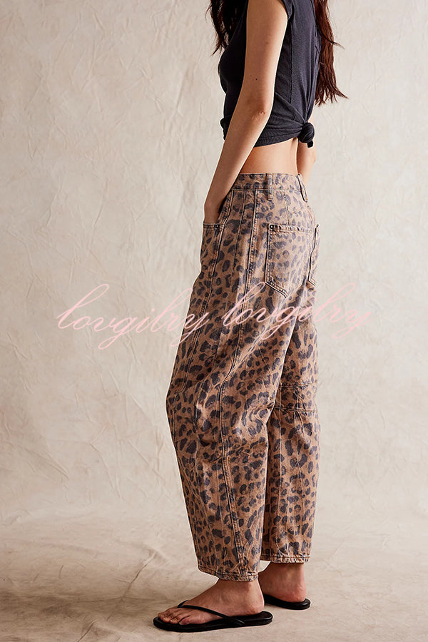 We The Free Denim Leopard Print Mid Rise Pocketed Barrel Jeans