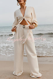 Lets Go Out Linen Blend Balloon Sleeve Wrap Tie-up Loose Top