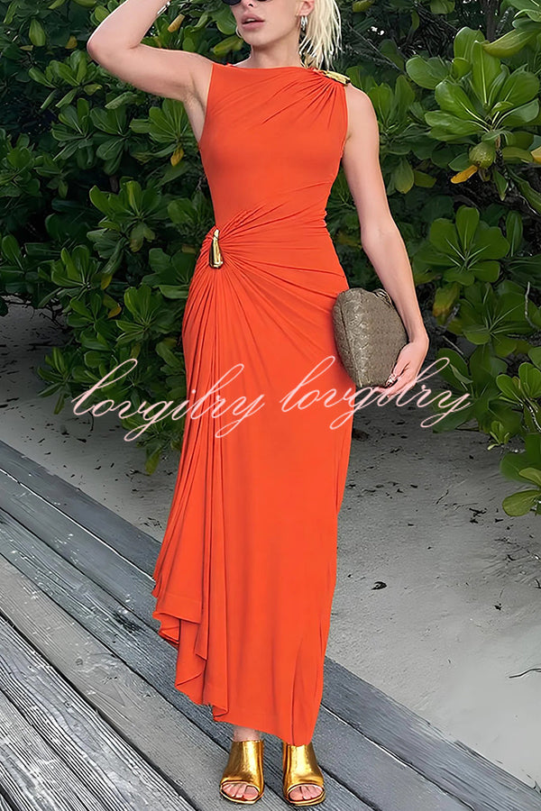 Fashionable Metallic Embellishments Pleated Sleeveless Slim-fit Maxi Dress