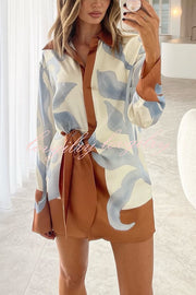 Lake Days Satin Colorblock Unique Print Tie-up Shirt Mini Dress