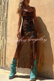 Gypsy Style Unique Print Cowl Neck Back Lace-up Slit Midi Dress