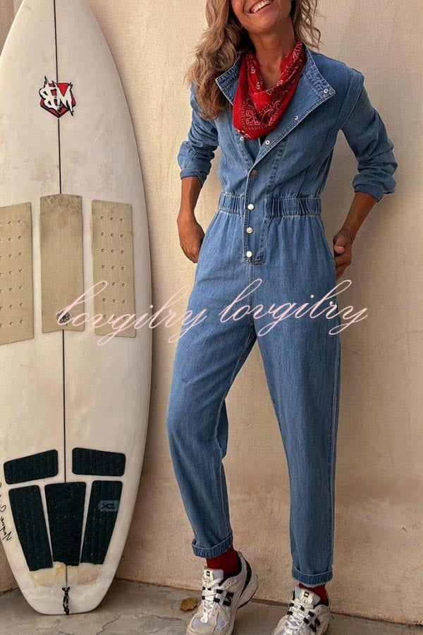 Carey Denim Button Up Long Sleeve Elastic Waist Pocketed Loose Jumpsuit