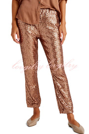 Christmas Dinner Sequin Mid Rise Elastic Waist Pocket Tapered Pants