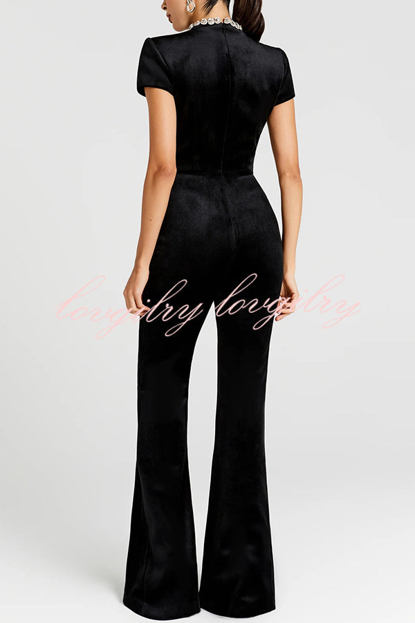 Lucia Luxurious Velvet Jewel-encrusted Turtleneck Short Sleeve Flare Stretch Jumpsuit