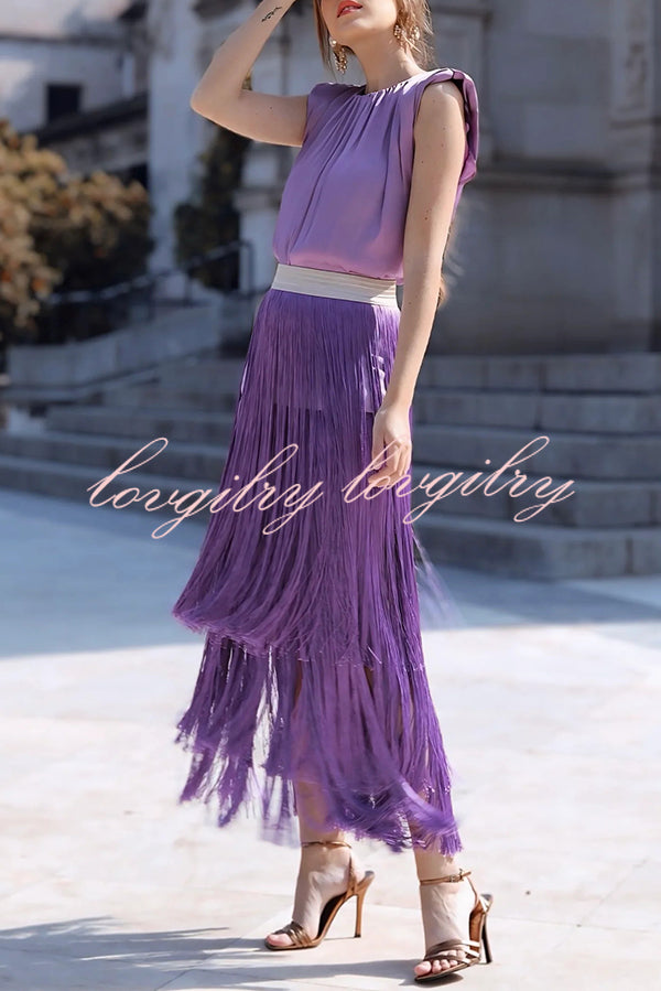 Elegant Tassel Hem Elastic Waist Casual Maxi Skirt