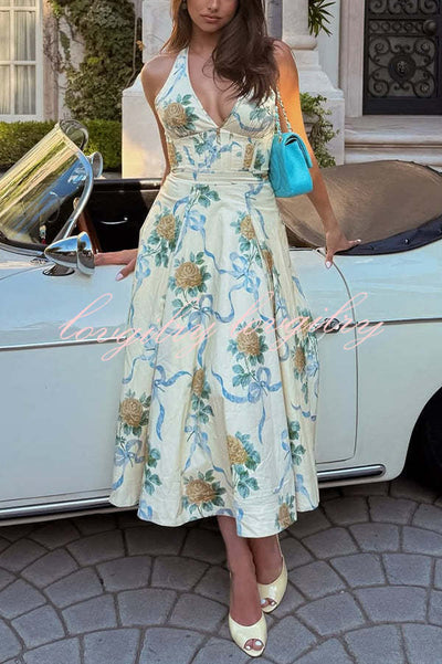 Resort Star Floral Print Waist Halterneck Tie Pocket Midi Dress