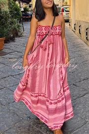 Unique Printed Patchwork Fringed Lace-up Maxi Dress