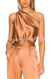 Christmas Dinner Satin Ruched One Shoulder Loose Tank