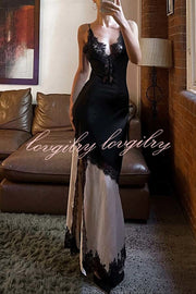 Soft and Romantic Satin Lace Trim Colorblock V-neck Side Slit Maxi Dress