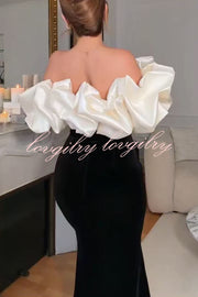 Cecily Velvet Off Shoulder Satin Structured Bardot Neck Stretch Maxi Dress