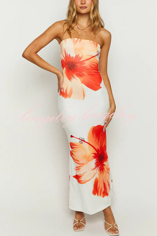 Emmaline Abstract Floral Print Bandeau Stretch Maxi Dress