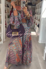 Unique Boho Ethnic Print Balloon Sleeve Crop Top and Elastic Waist Wide-leg Pants Set