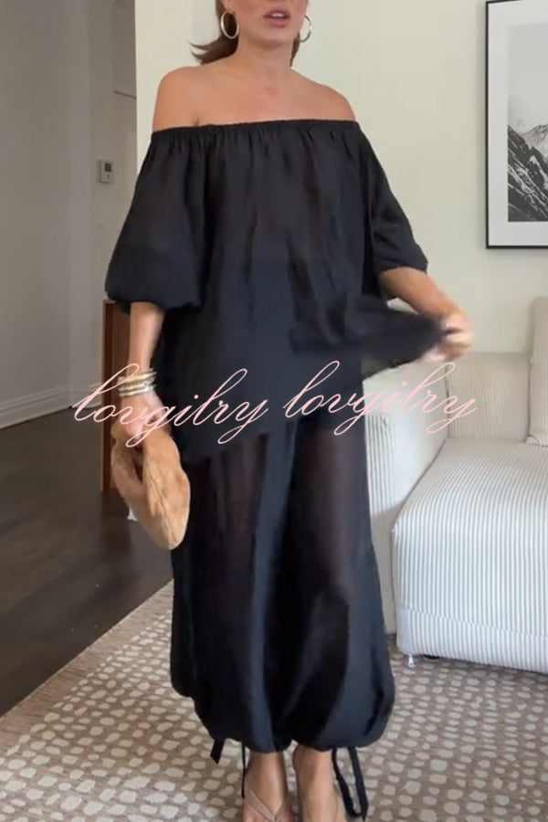 Comfortable Area Chiffon Off Shoulder Balloon Sleeve Top and Elastic Waist Knotted Bloomer Set