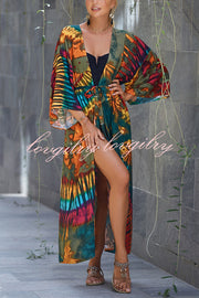 Unique Print Loose Lace Up Holiday Maxi Cover Up