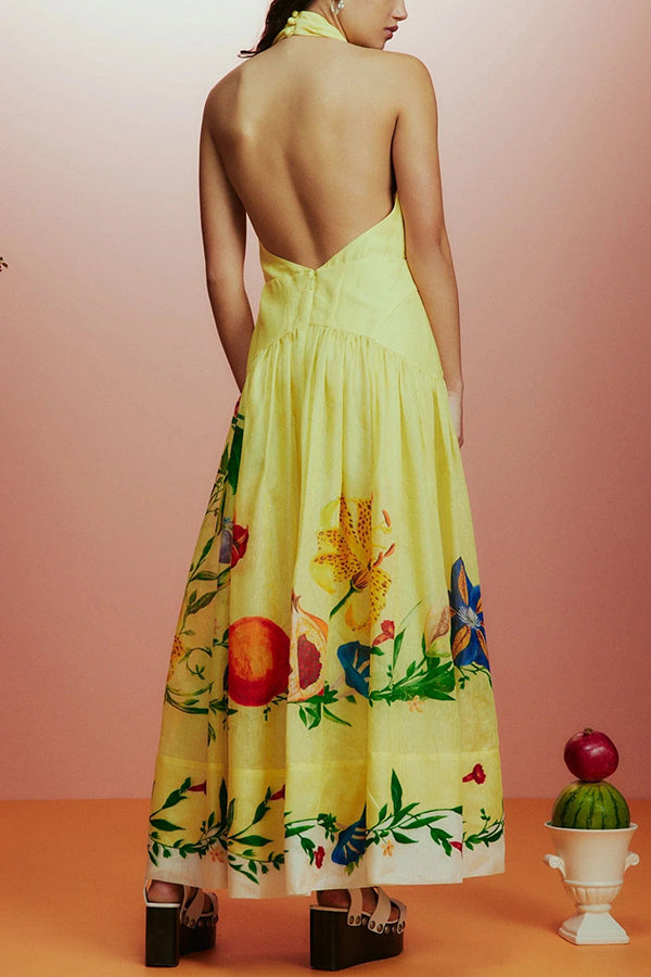 Floral Print Halterneck Open Back Full Hem Maxi Dress