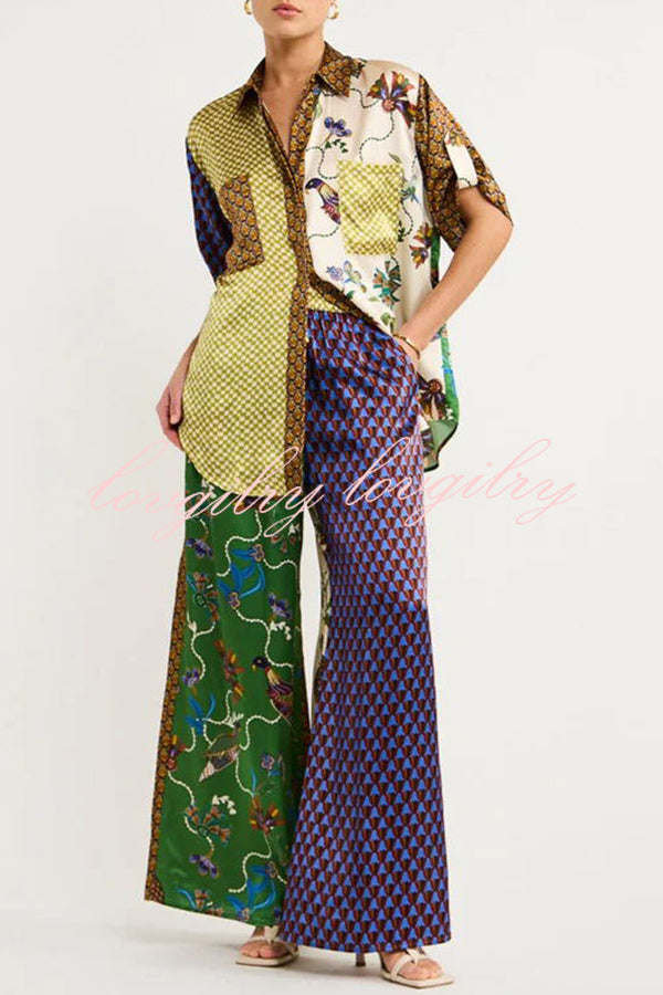 Nia Satin Unique Print Patchwork Elastic Waist Pocketed Wide Leg Pants