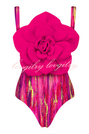 Fashionable Contrast Color Large Flower Stretch One-piece Swimsuit