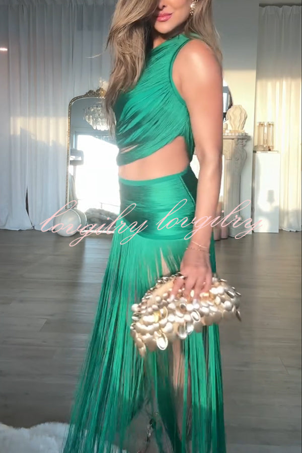 Dancing Miracle One Shoulder High Waist Hollow Design Tassel Hem Drape Mini Dress