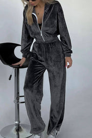 Solid Color Velvet Long-sleeved Zip-up Sweatshirt and Elastic Waist Casual Pocket Straight-leg Pants Set