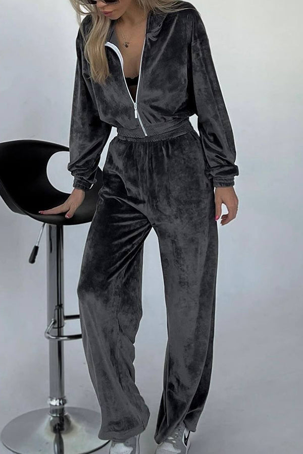 Solid Color Velvet Long-sleeved Zip-up Sweatshirt and Elastic Waist Casual Pocket Straight-leg Pants Set