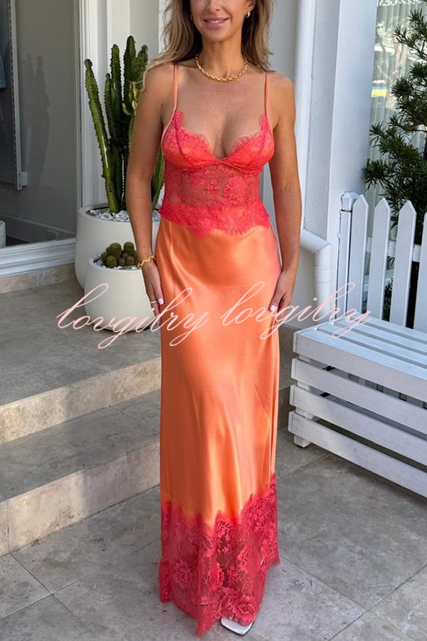 Elegant Evening Satin Lace Patchwork See-through Waist Slip Maxi Dress