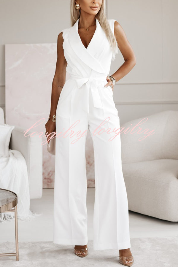 Make Your Entrance Lapel Belt Pocketed Wide Leg Formal Jumpsuit