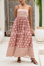 Striped Polka-dot Print Sling Pleated Open-back Maxi Dress