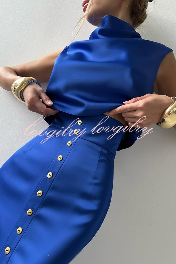 Solid Color Casual Sleeveless Crop Top and Elegant Button-down Maxi Skirt Set