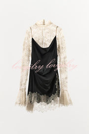 Gothic Romantic Lace Satin Patchwork High Neck Bell Sleeve Loose Mini Dress