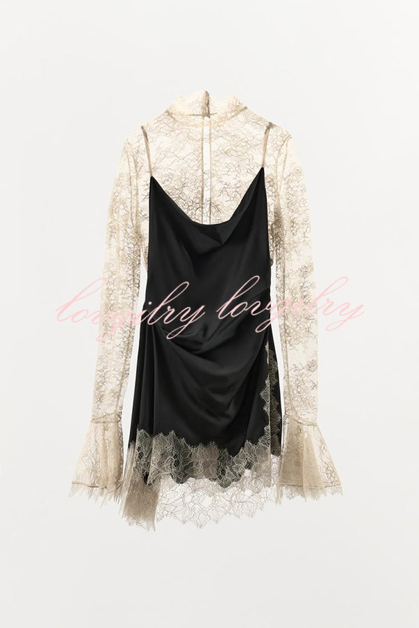Gothic Romantic Lace Satin Patchwork High Neck Bell Sleeve Loose Mini Dress