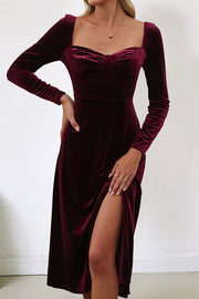 Solid Color Velvet Square Neck Long Sleeve Slit Midi Dress