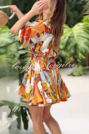 Unique Printed Round Neck Short Sleeve Waist Tie Vacation Mini Dress