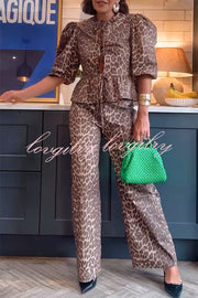 Kiana Leopard Print Peplum Tie Puff Sleeve Shirt and Elastic Waist Pocketed Loose Pants Set