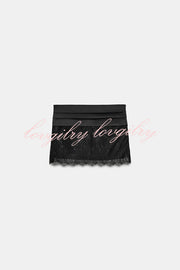 Anna Satin Bow Appliqué Mid Rise Lace Hem Mini Skirt