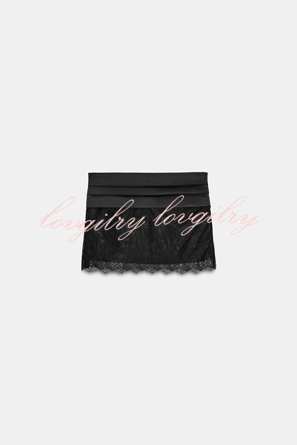 Anna Satin Bow Appliqué Mid Rise Lace Hem Mini Skirt