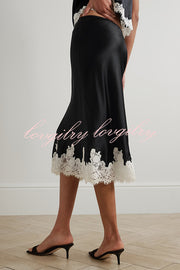 Celebration Look Contrast Color Satin Lace Trim Elastic Waist Drape Midi Skirt