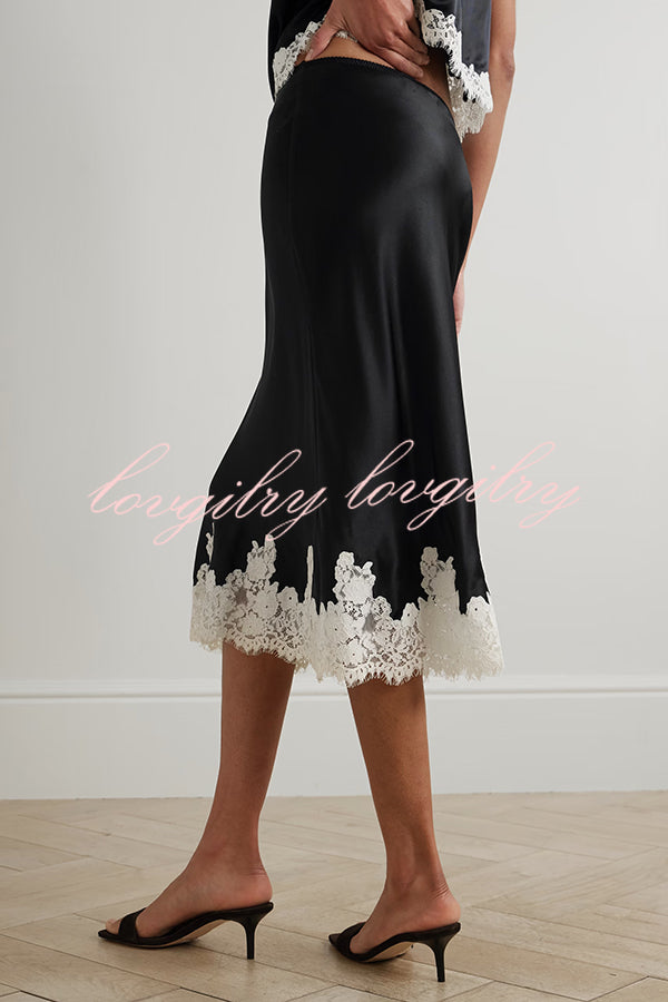Celebration Look Contrast Color Satin Lace Trim Elastic Waist Drape Midi Skirt