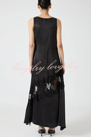Pretty Soul Satin Lace Trim Wide Neck Irregular Hem Slit Maxi Dress