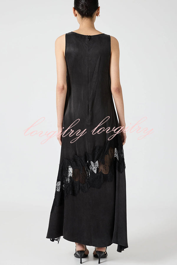 Pretty Soul Satin Lace Trim Wide Neck Irregular Hem Slit Maxi Dress