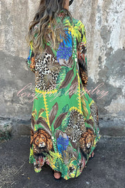 Jungle Miracle Animal Unique Print Button Long Sleeve Midi Relaxed Blouse