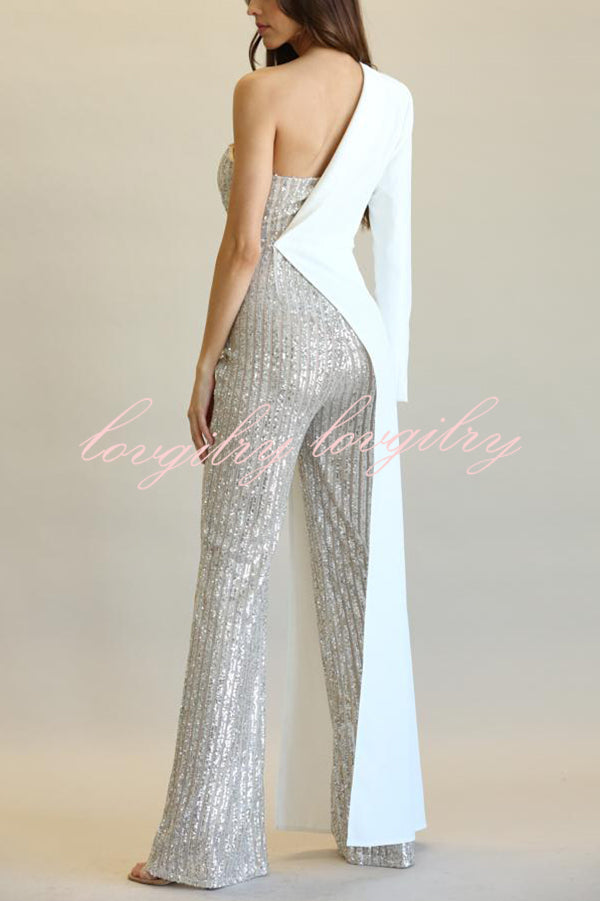 Fashionable Sequined Patchwork One-sided Long-sleeved Asymmetrical Jumpsuit