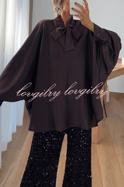 Chic and Merry Satin Bow Neck Batwing Sleeve Loose-fitting Blouse