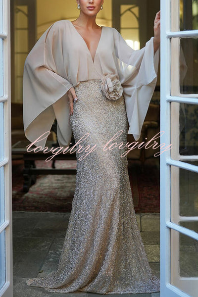 Aleina Chiffon Batwing Sleeve Flower Embroidered Waist Sequin Fabric Maxi Dress