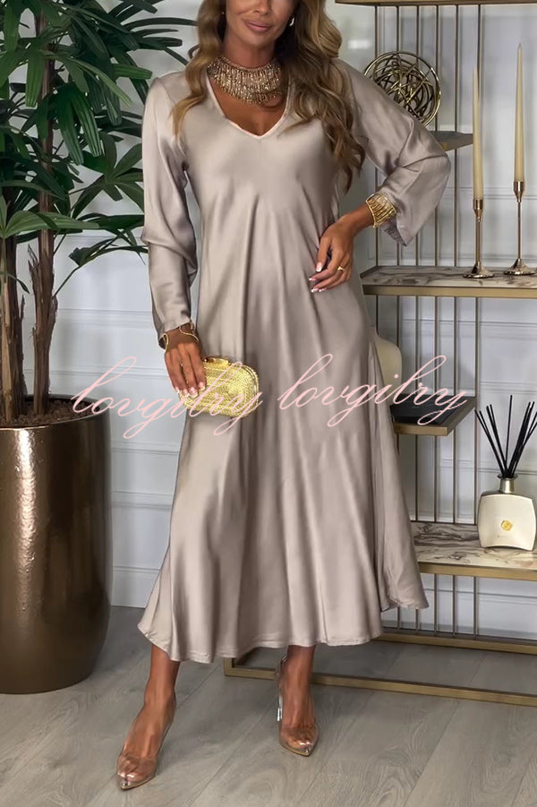 Solid Color V-neck Long-sleeved Loose Draped Maxi Dress